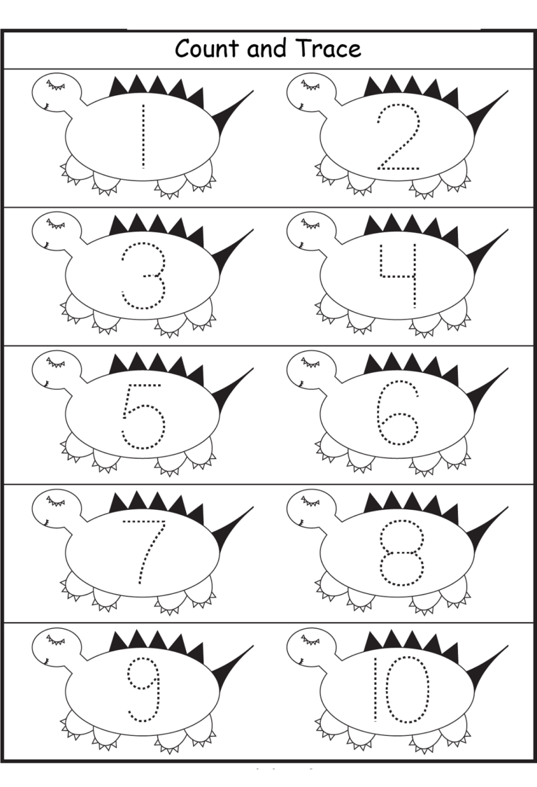 Traceable Numbers 1 10 Worksheets To Print Dinosaurs Preschool