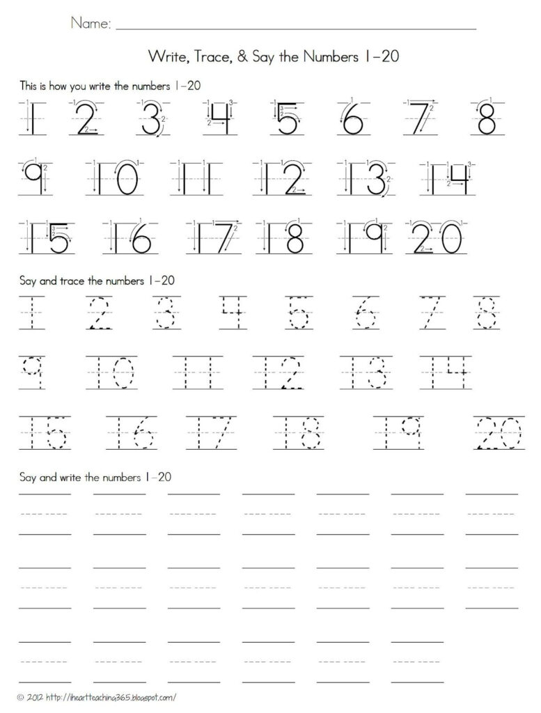 Tracing Numbers 1 20 With Directional Arrows Writing